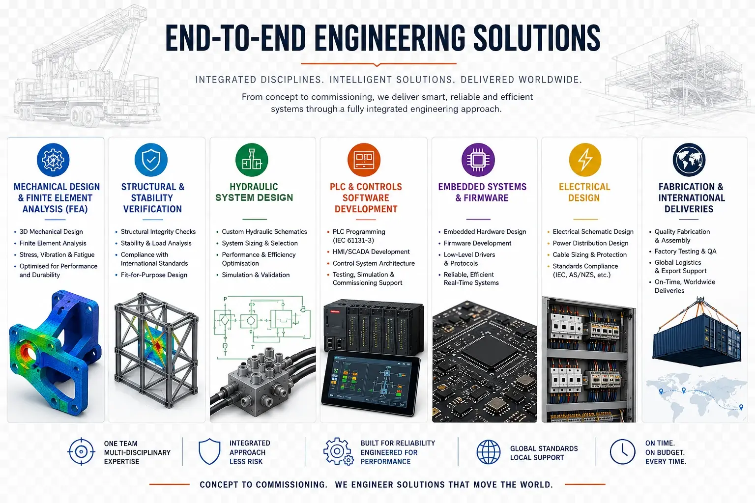 End-to-end engineering solutions: mechanical design and FEA, structural and stability verification, hydraulic system design, PLC and controls software, embedded systems and firmware, electrical design, fabrication and international deliveries